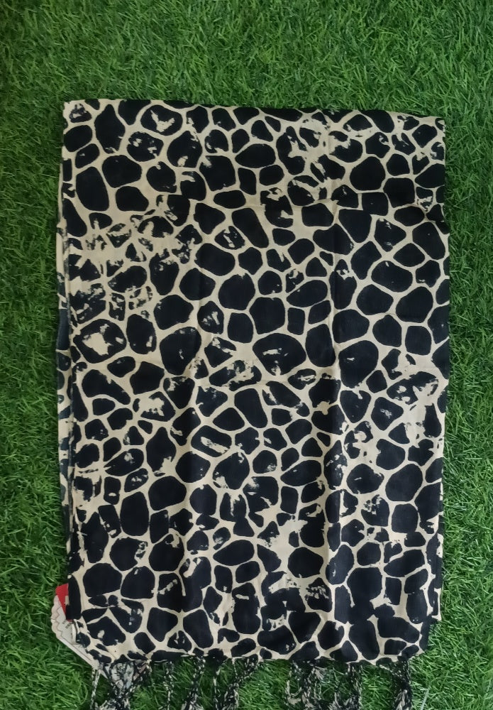 Classic Black and cream Floral Printed Stole with Fringe Accents