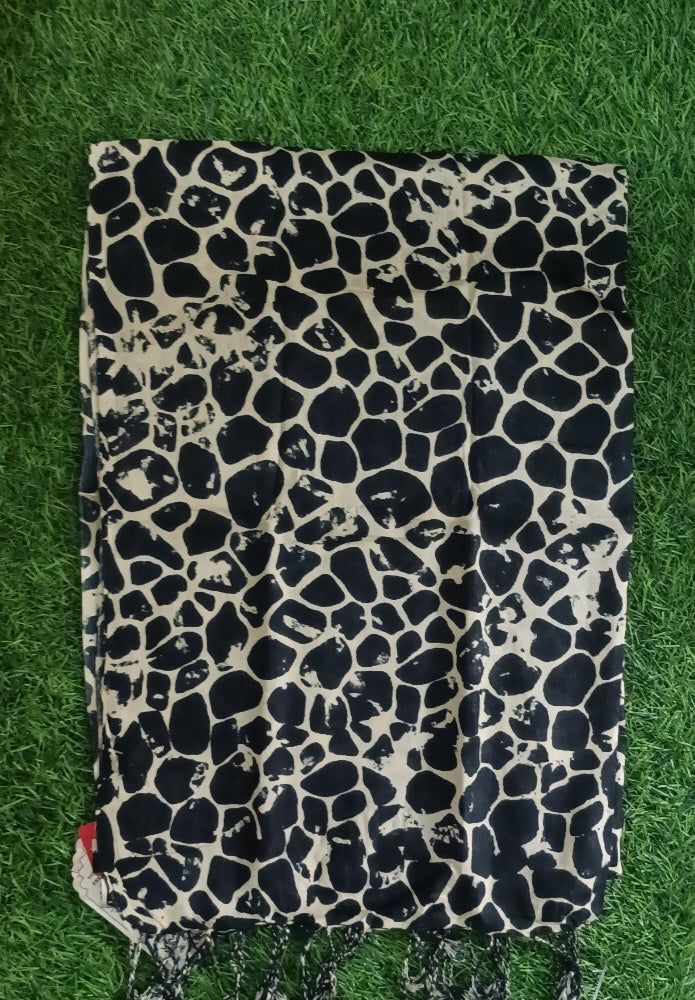 Classic Black and cream Floral Printed Stole with Fringe Accents