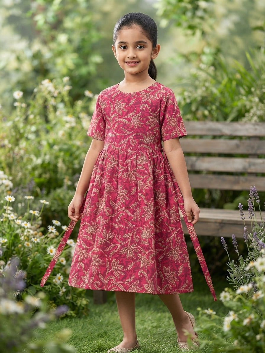 Girls' Pink Trailing Floral Gathered Frock with Back Tie