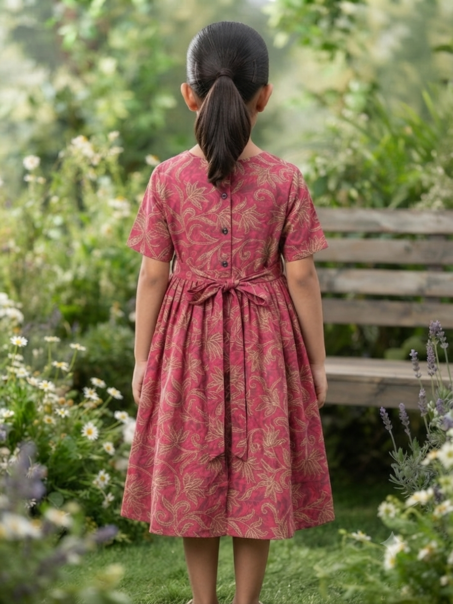 Girls' Pink Trailing Floral Gathered Frock with Back Tie