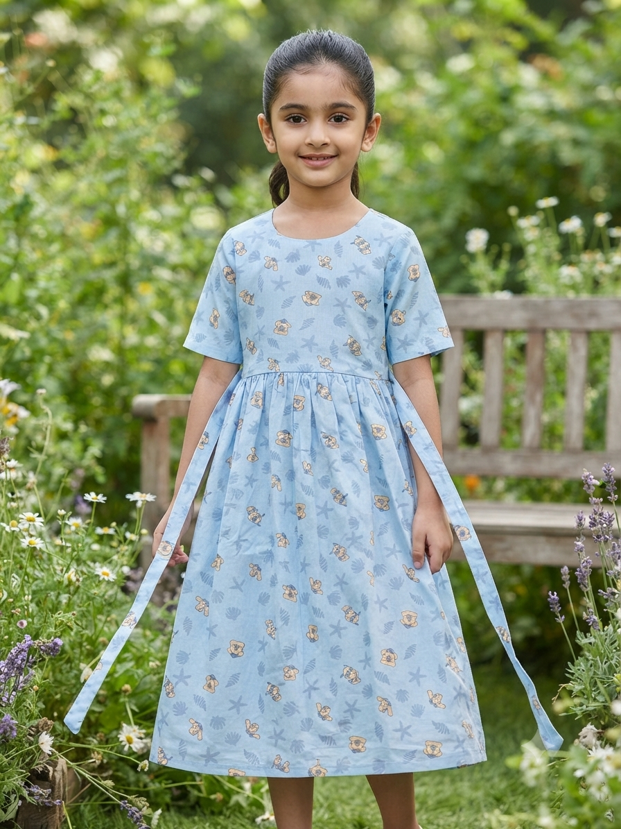 Teen Colours Light Blue Nautical Bear Print Reyon Dress