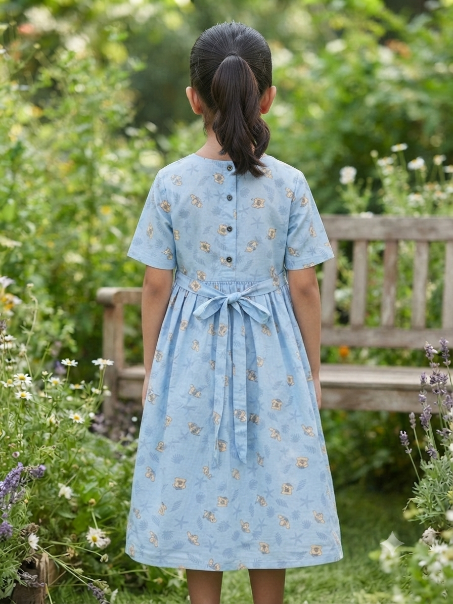 Teen Colours Light Blue Nautical Bear Print Reyon Dress