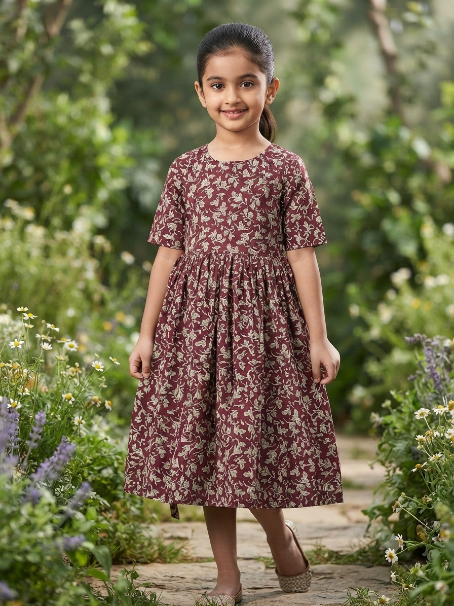 Teen Colours Maroon Leaf Print Dress for Girls | Casual Kids Wear