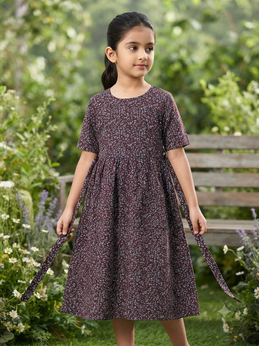 Teen Colours Brown Ditsy Floral Premium Quality ReyonDress for Girls