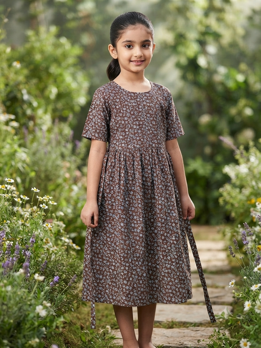 Teen Colours Brown Ditsy Floral Premium Quality ReyonDress for Girls