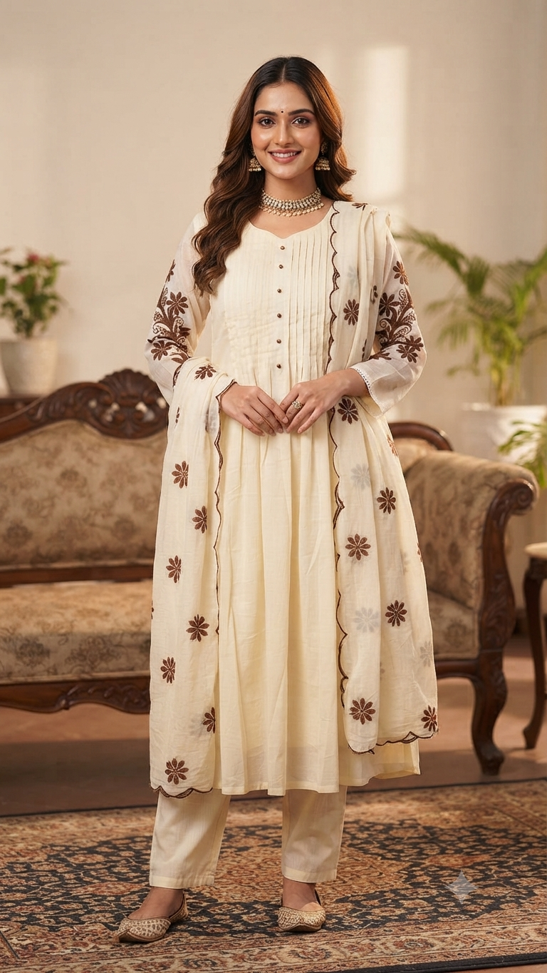 Elegant Off-White Silk Embroidered Single Piece Kurti
