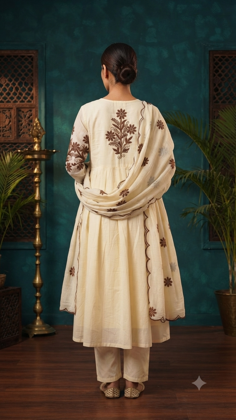 Elegant Off-White Silk Embroidered Single Piece Kurti
