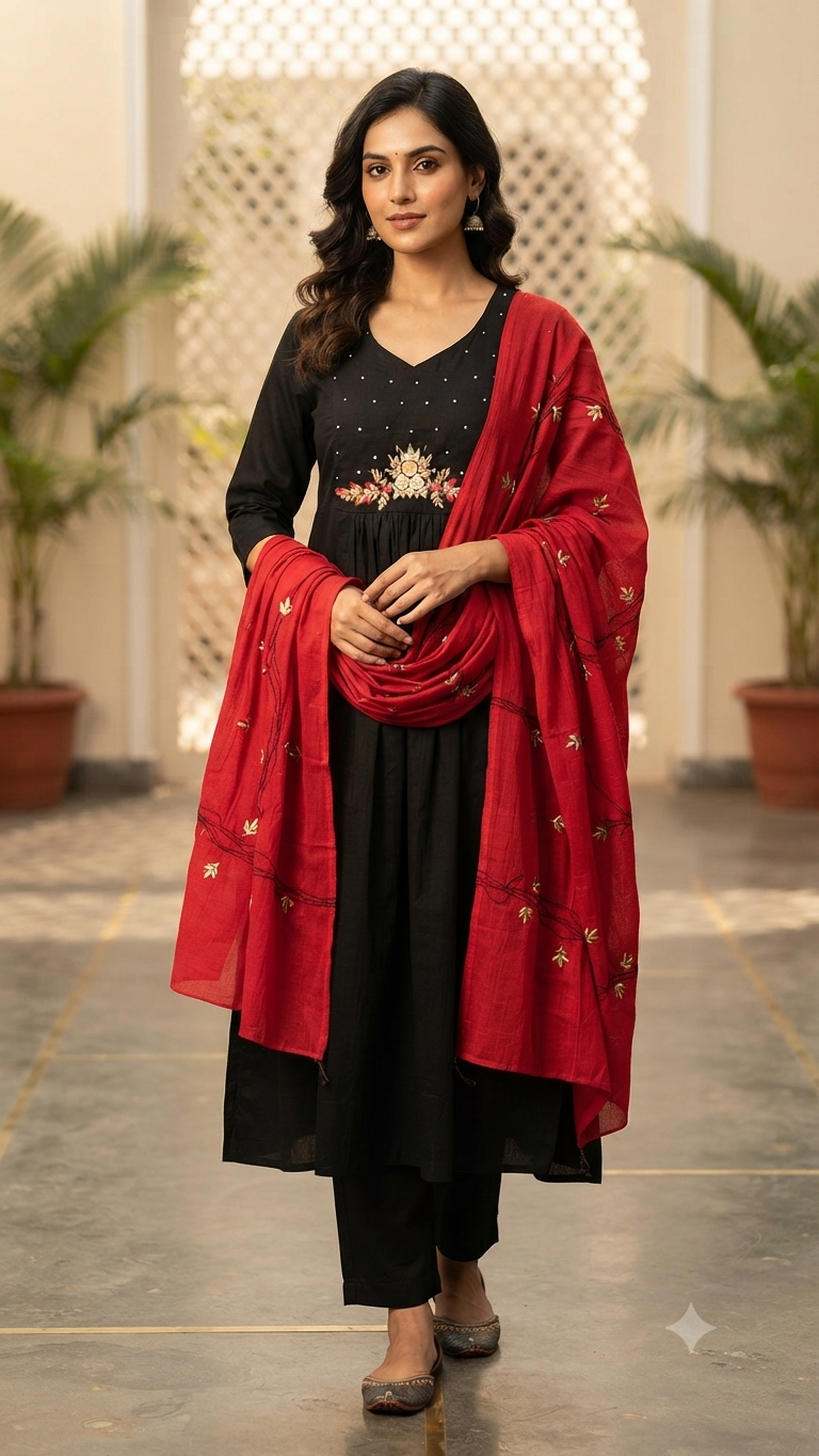 Elegant Black Silk Embroidered 3-Piece Kurti Set
