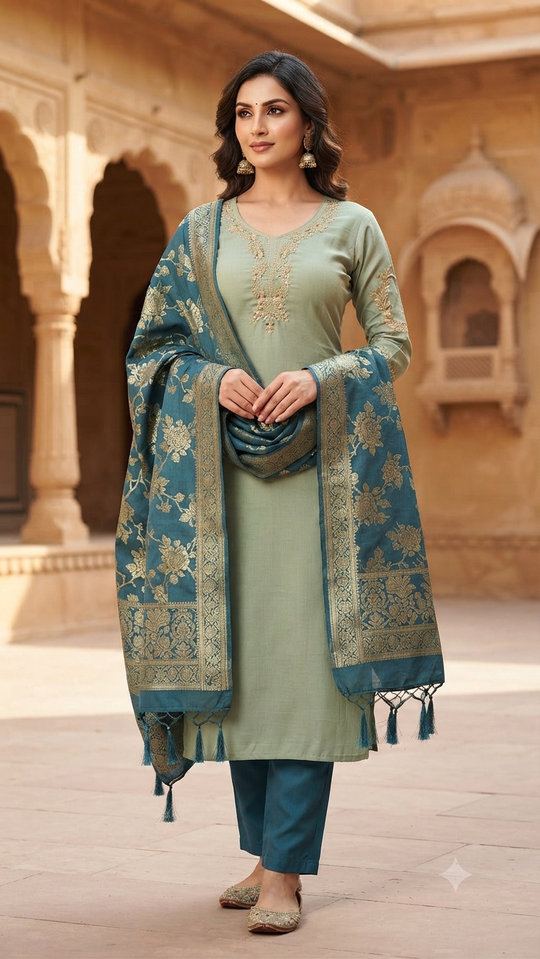 Elegant Sage Green Silk Embroidered 3-Piece Kurti Set