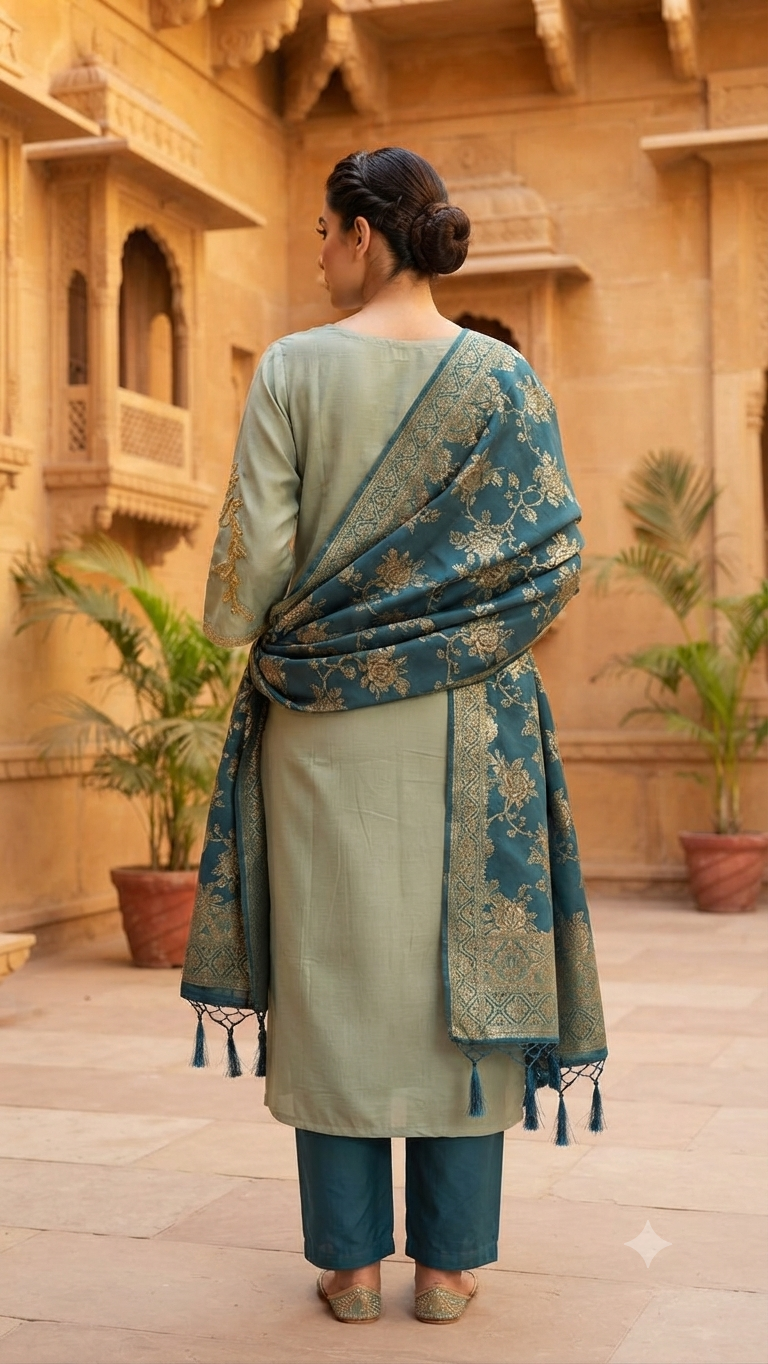 Elegant Sage Green Silk Embroidered 3-Piece Kurti Set