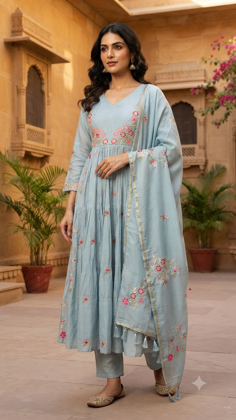 Elegant Mint Green Embroidered Cotton 3-Piece Kurti Set