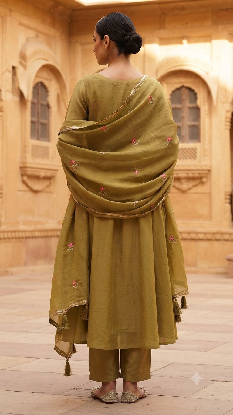 Elegant Olive Green Embroidered Mull chanderi 3-Piece Kurti Set