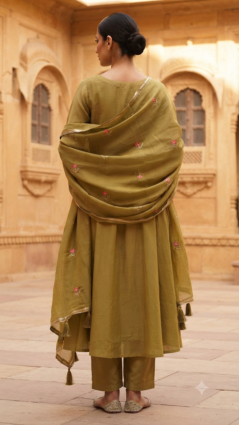 Elegant Olive Green Embroidered Mull chanderi 3-Piece Kurti Set
