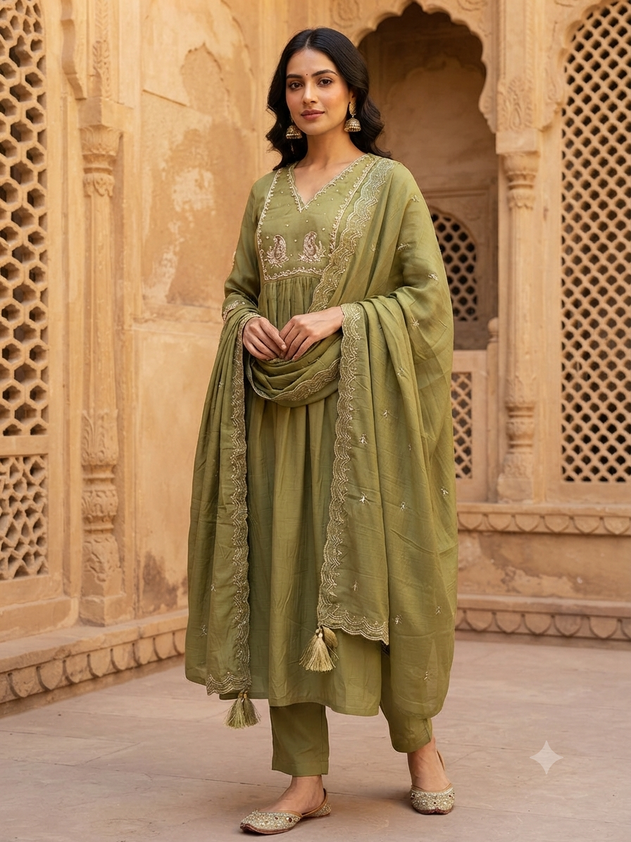 Elegant Olive Green Embroidered Rayon 3-Piece Kurti Set