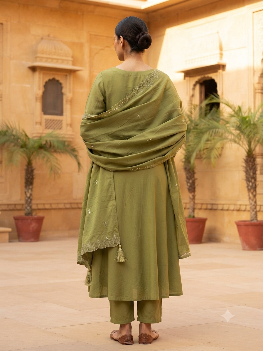 Elegant Olive Green Embroidered Rayon 3-Piece Kurti Set
