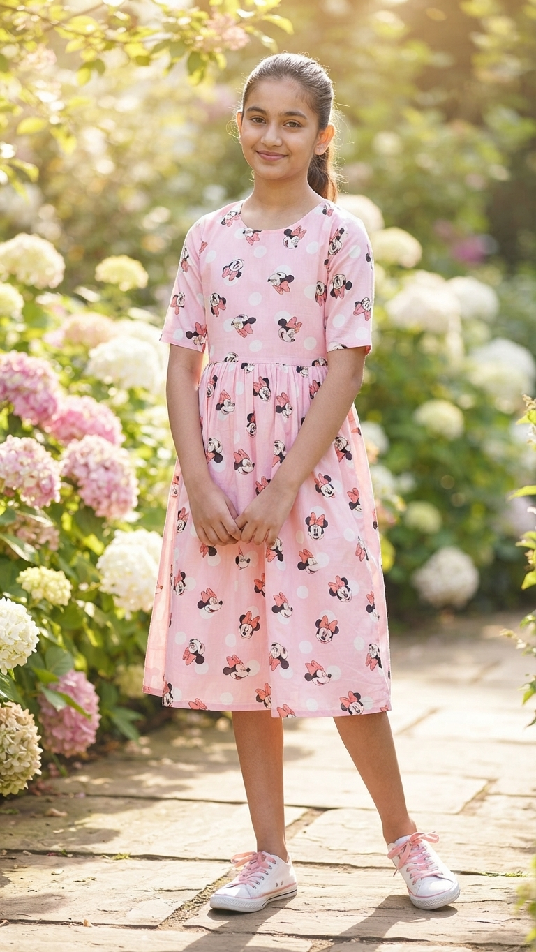 Teen Colours Premium Pure Cotton Minnie Mouse Frock  Pastel Pink with Polka Dots & Inner Lining