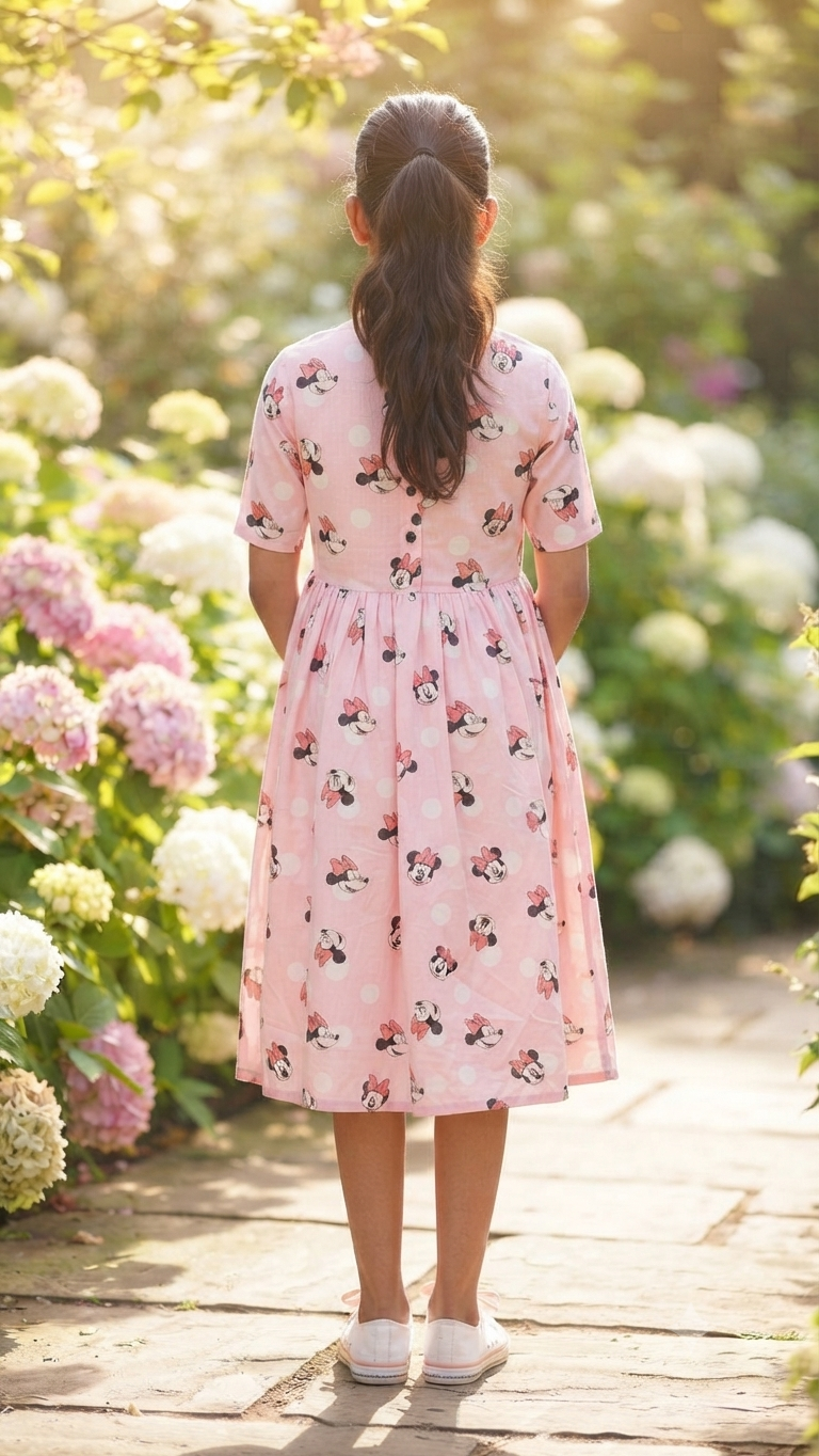 Teen Colours Premium Pure Cotton Minnie Mouse Frock  Pastel Pink with Polka Dots & Inner Lining
