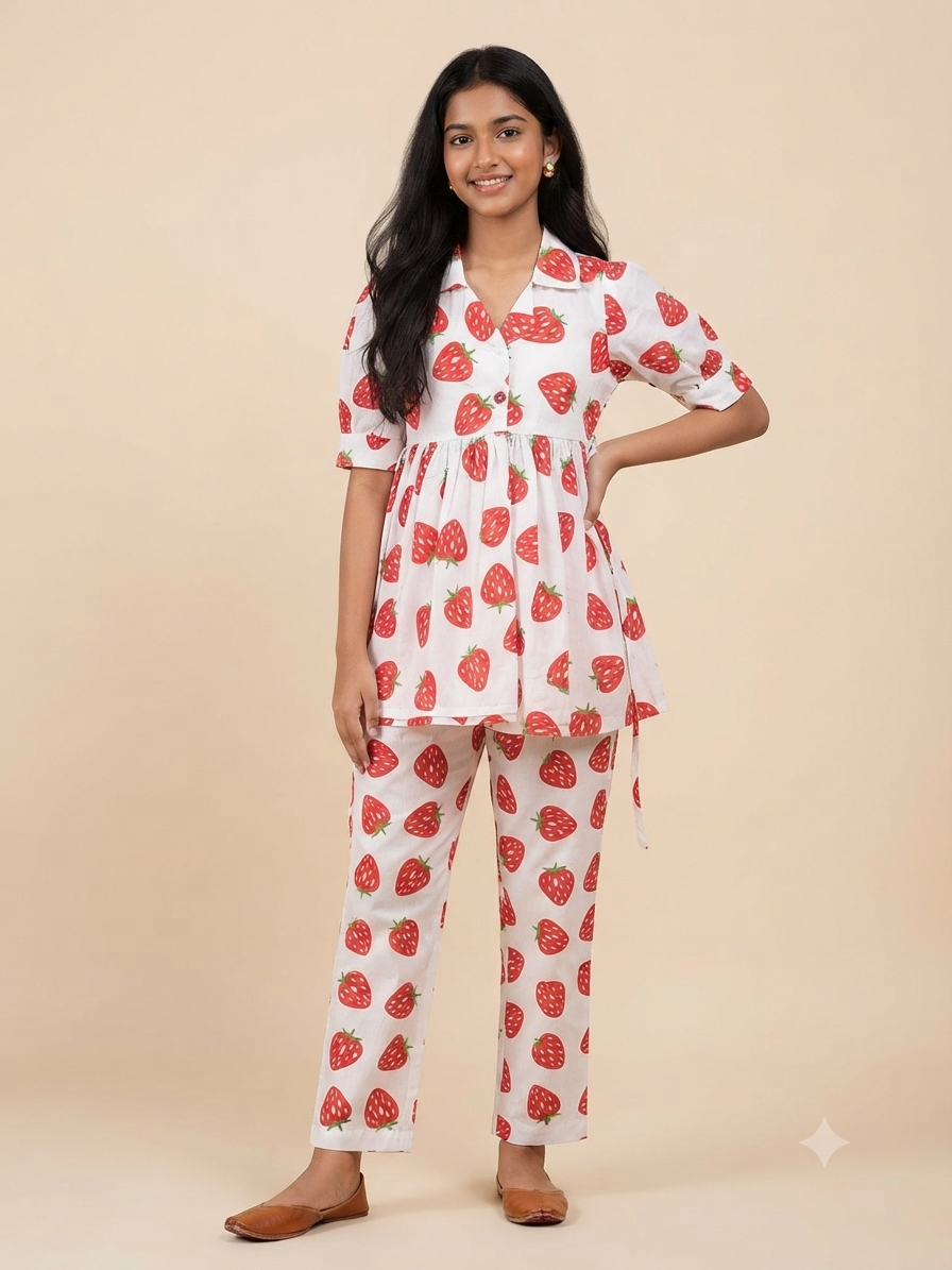 Sweet Strawberry Peplum Top & Pants Co-Ord Set