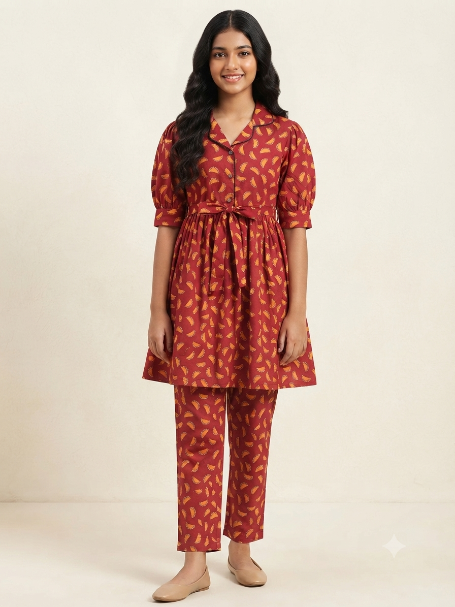 Premium Rust Red Abstract Print Hosiery Cotton Tunic Co-Ord Set