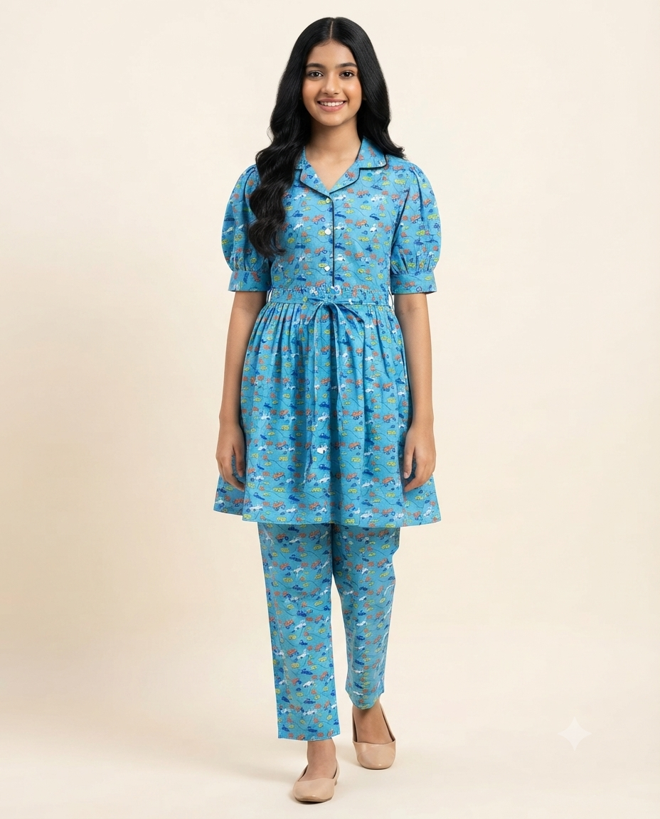 Playful City Traffic Blue Peplum Co-Ord Set