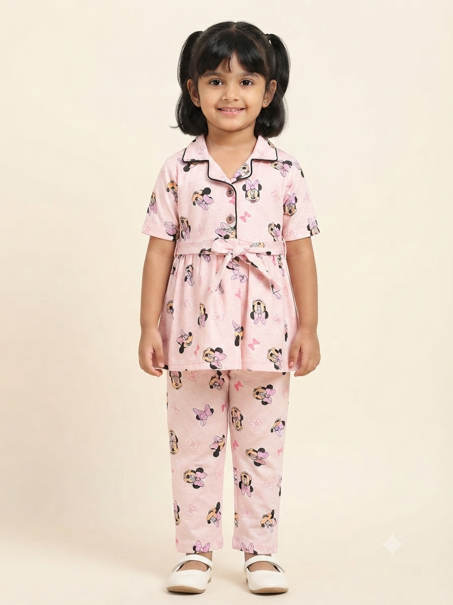 Premium Pink Minnie Mouse Hosiery Cotton Peplum Co-Ord Set