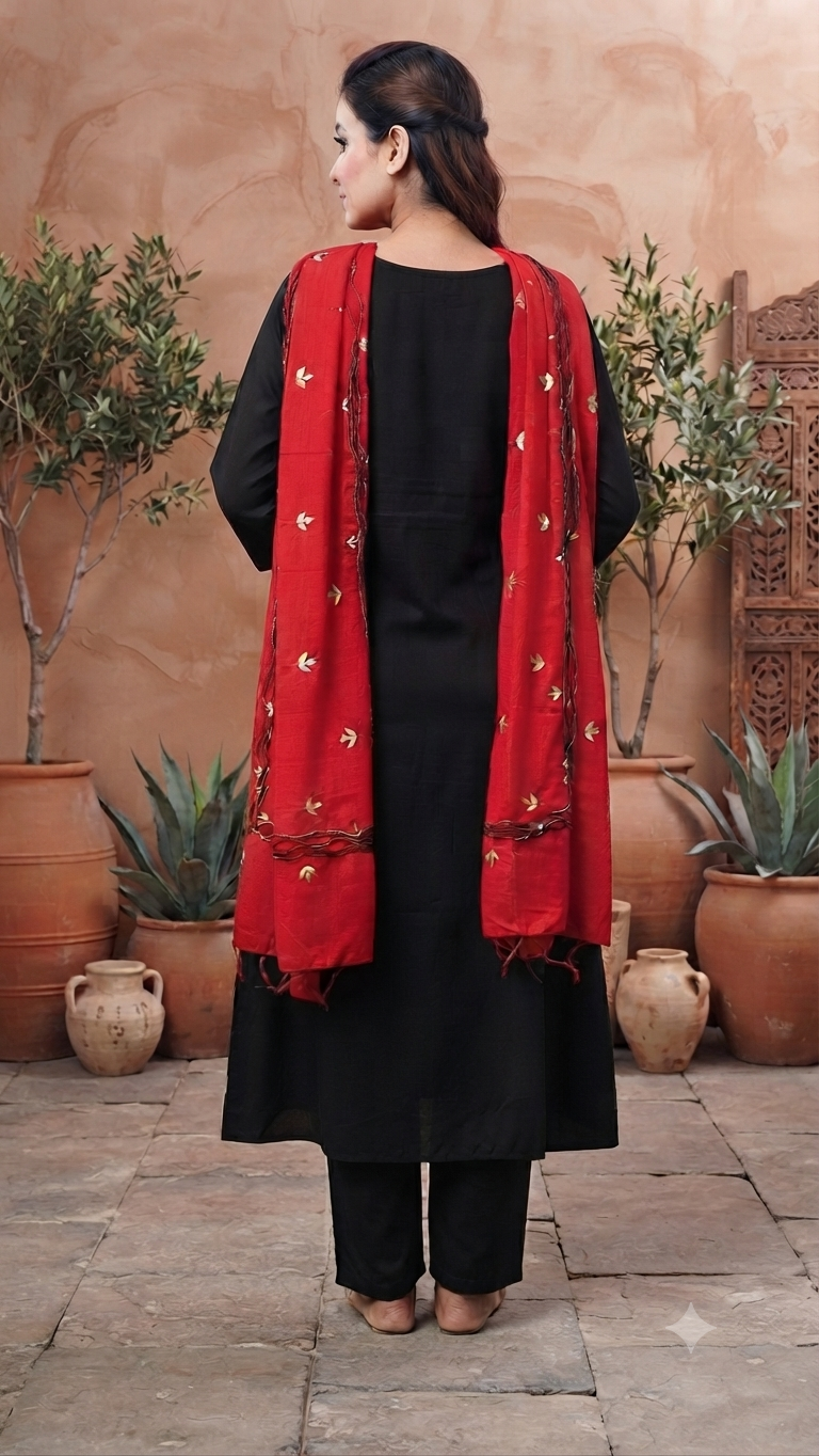 Elegant Black Silk Embroidered 3-Piece Kurti Set