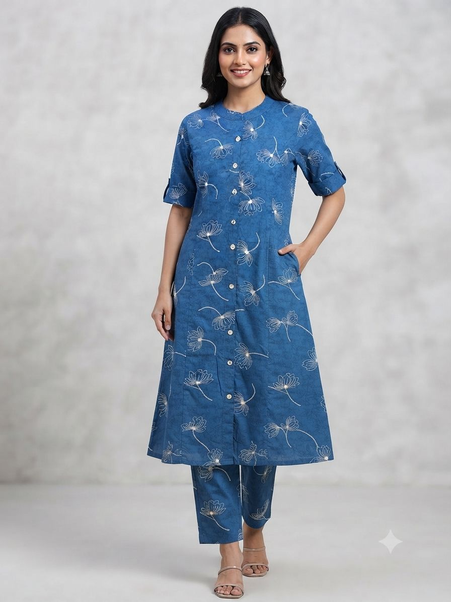 Women's Premium Teal Blue Cotton Floral Print 2-Piece KurtiSet with Chinese Collar, Front Open Buttons, A-Line Princess Cut Top & Straight Pant