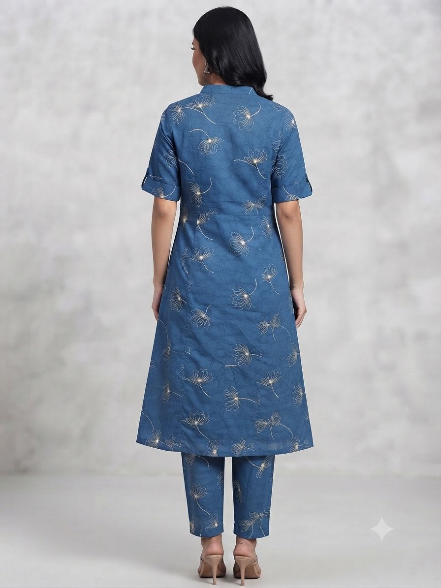 Women's Premium Teal Blue Cotton Floral Print 2-Piece KurtiSet with Chinese Collar, Front Open Buttons, A-Line Princess Cut Top & Straight Pant
