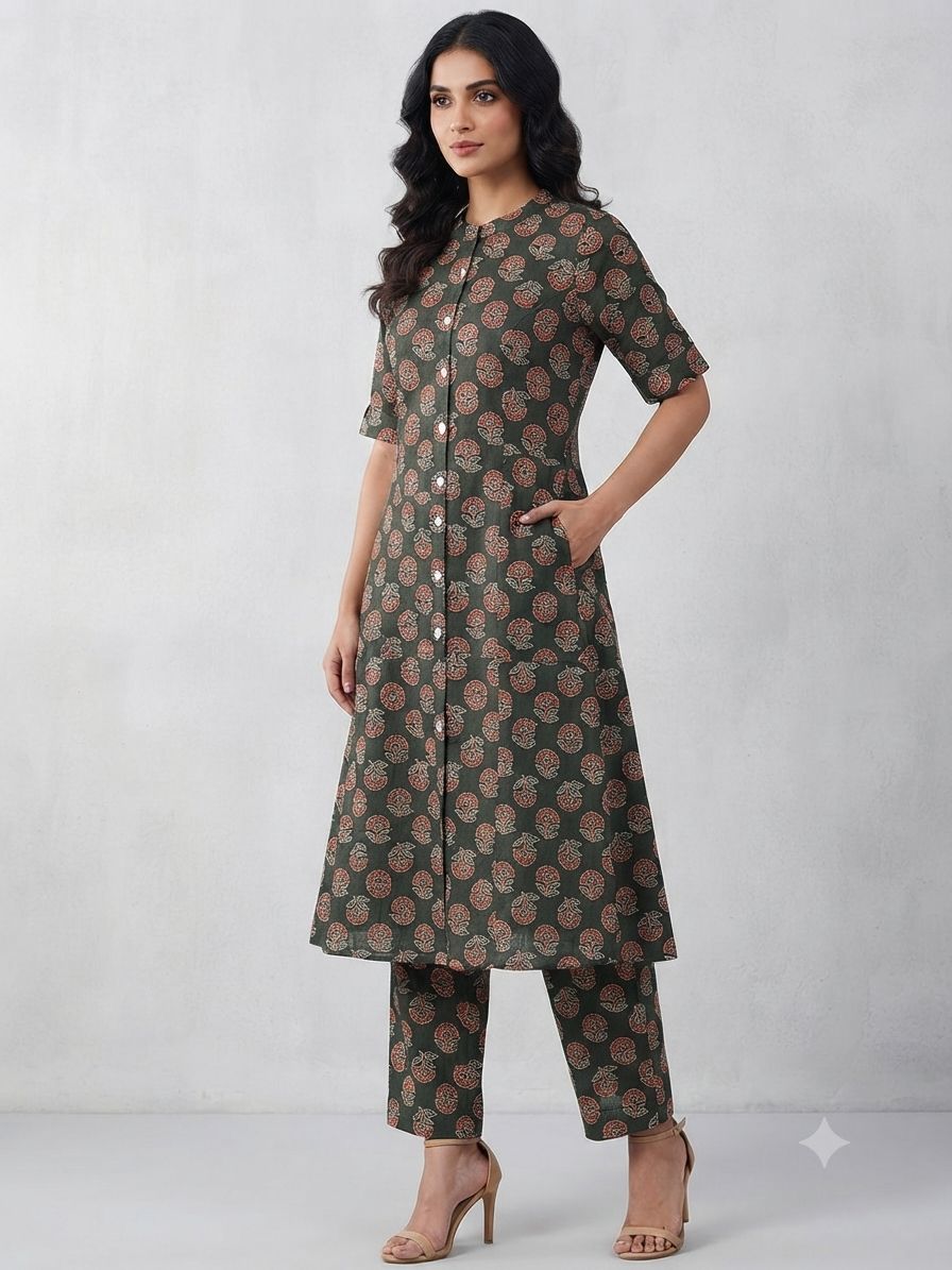 Women's Premium Dark Green Cotton Floral Print 2-Piece KurtiSet with Chinese Collar, Front Open Buttons, A-Line Princess Cut Top & Straight Pant