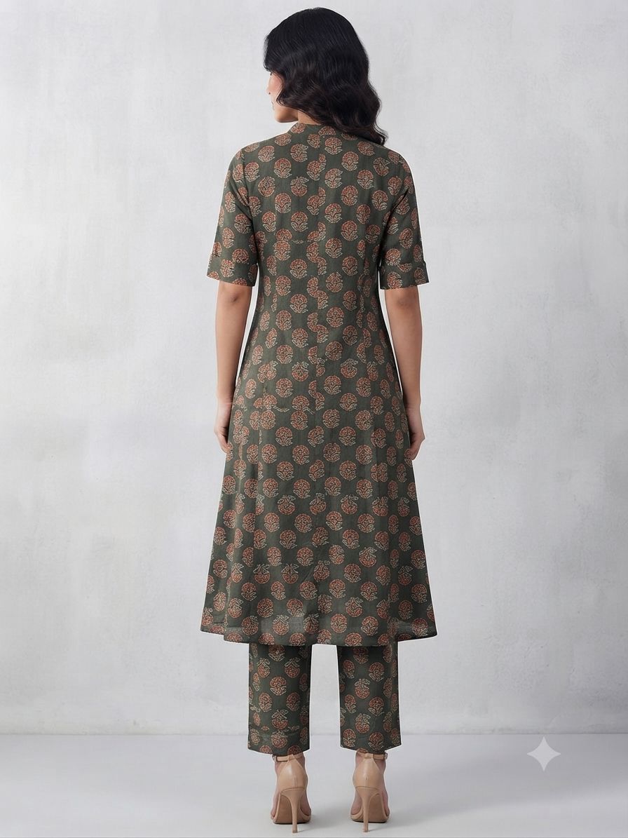 Women's Premium Dark Green Cotton Floral Print 2-Piece KurtiSet with Chinese Collar, Front Open Buttons, A-Line Princess Cut Top & Straight Pant