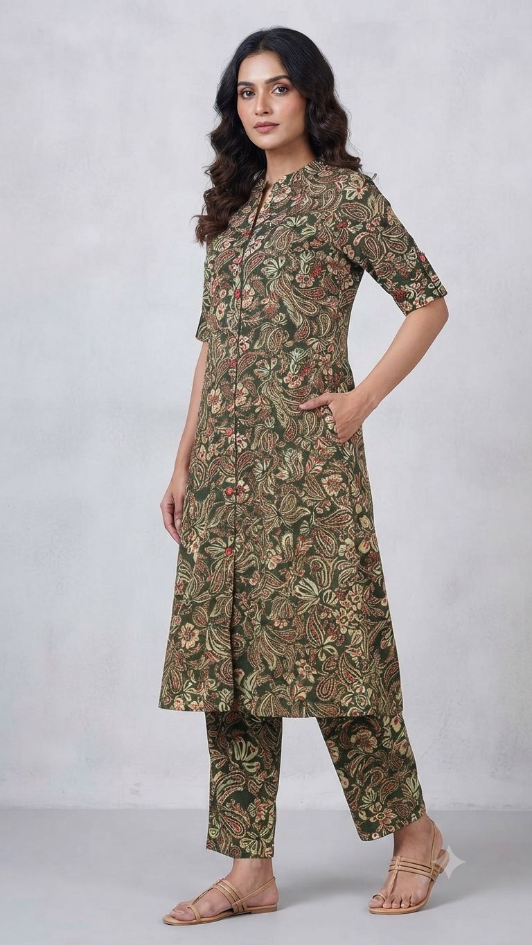 Women's Premium Forest Green Cotton Paisley Floral Print 2-Piece KurtiSet with Chinese Collar, Front Open Buttons, A-Line Princess Cut Top & Straight Pant