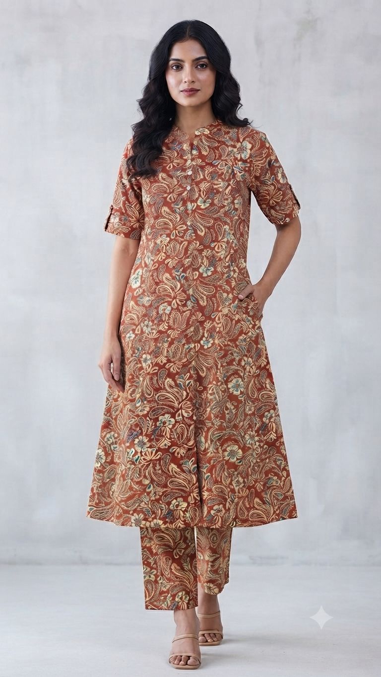 Women's Premium Rust Brown Cotton Paisley Floral Print 2-Piece KurtiSet with Chinese Collar, Front Open Buttons, A-Line Princess Cut Top & Straight Pant
