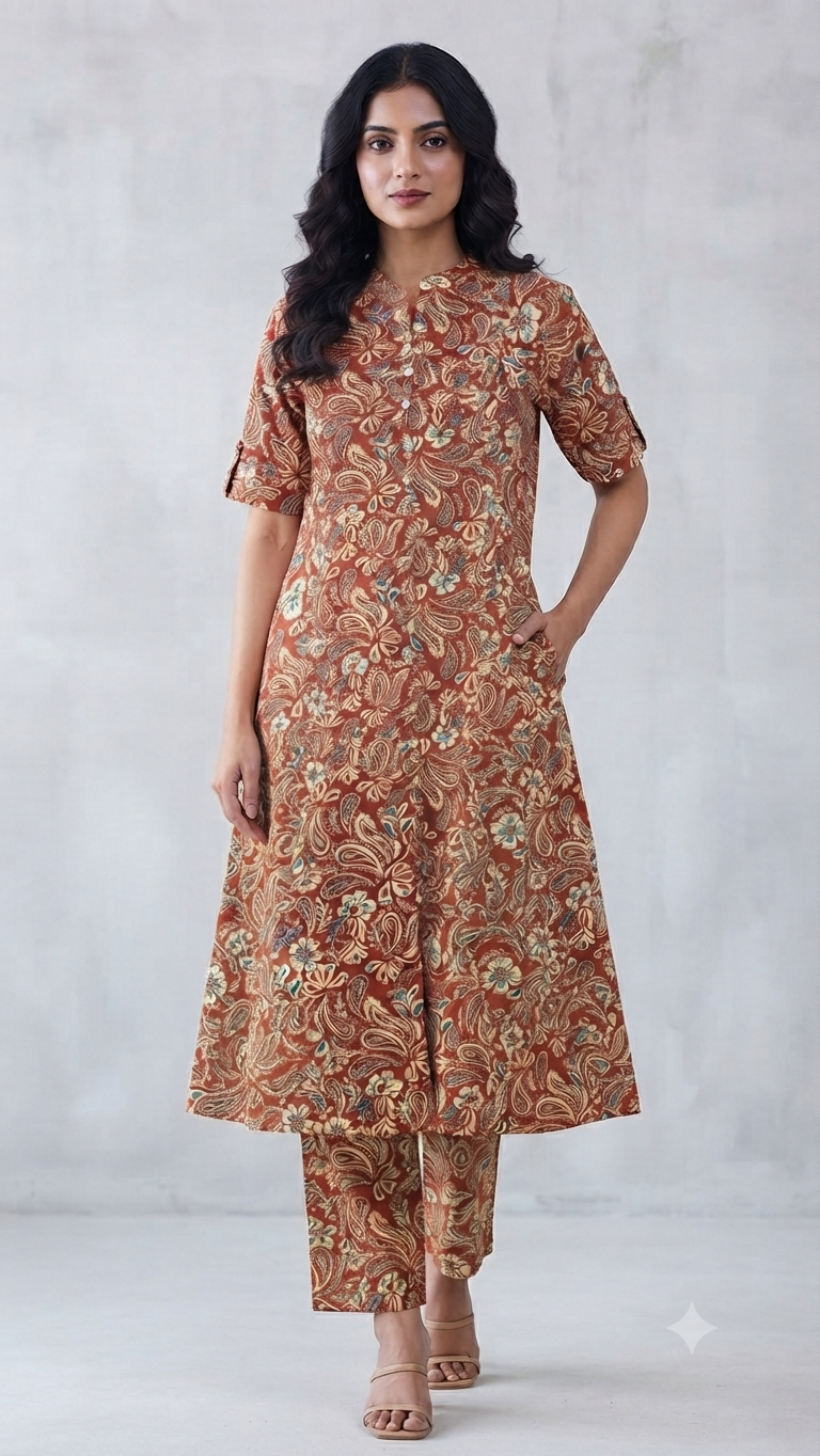Women's Premium Rust Brown Cotton Paisley Floral Print 2-Piece KurtiSet with Chinese Collar, Front Open Buttons, A-Line Princess Cut Top & Straight Pant