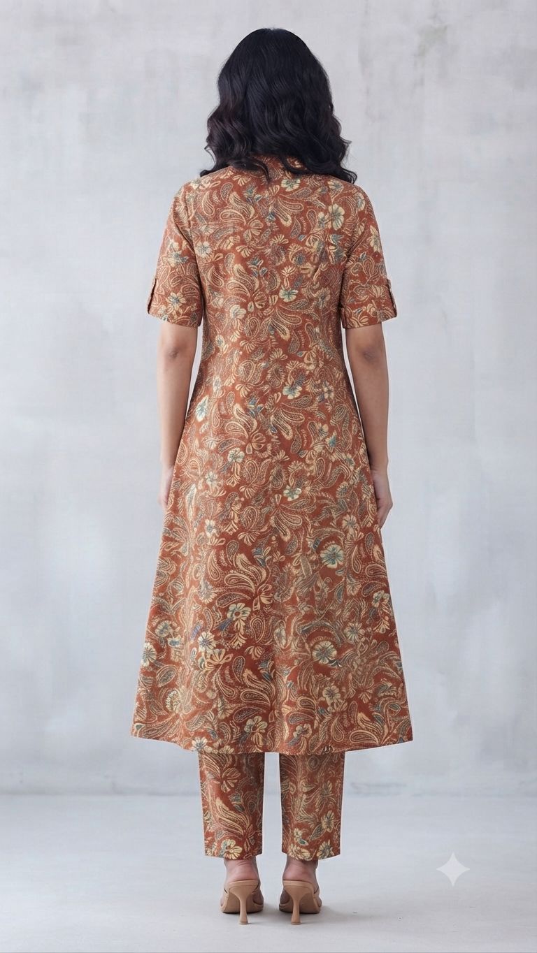Women's Premium Rust Brown Cotton Paisley Floral Print 2-Piece KurtiSet with Chinese Collar, Front Open Buttons, A-Line Princess Cut Top & Straight Pant