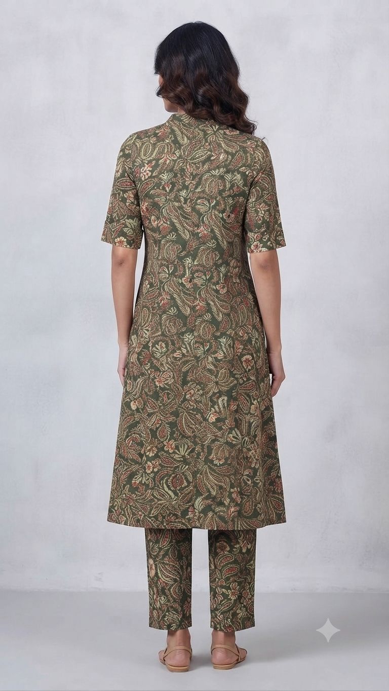 Women's Premium Forest Green Cotton Paisley Floral Print 2-Piece KurtiSet with Chinese Collar, Front Open Buttons, A-Line Princess Cut Top & Straight Pant