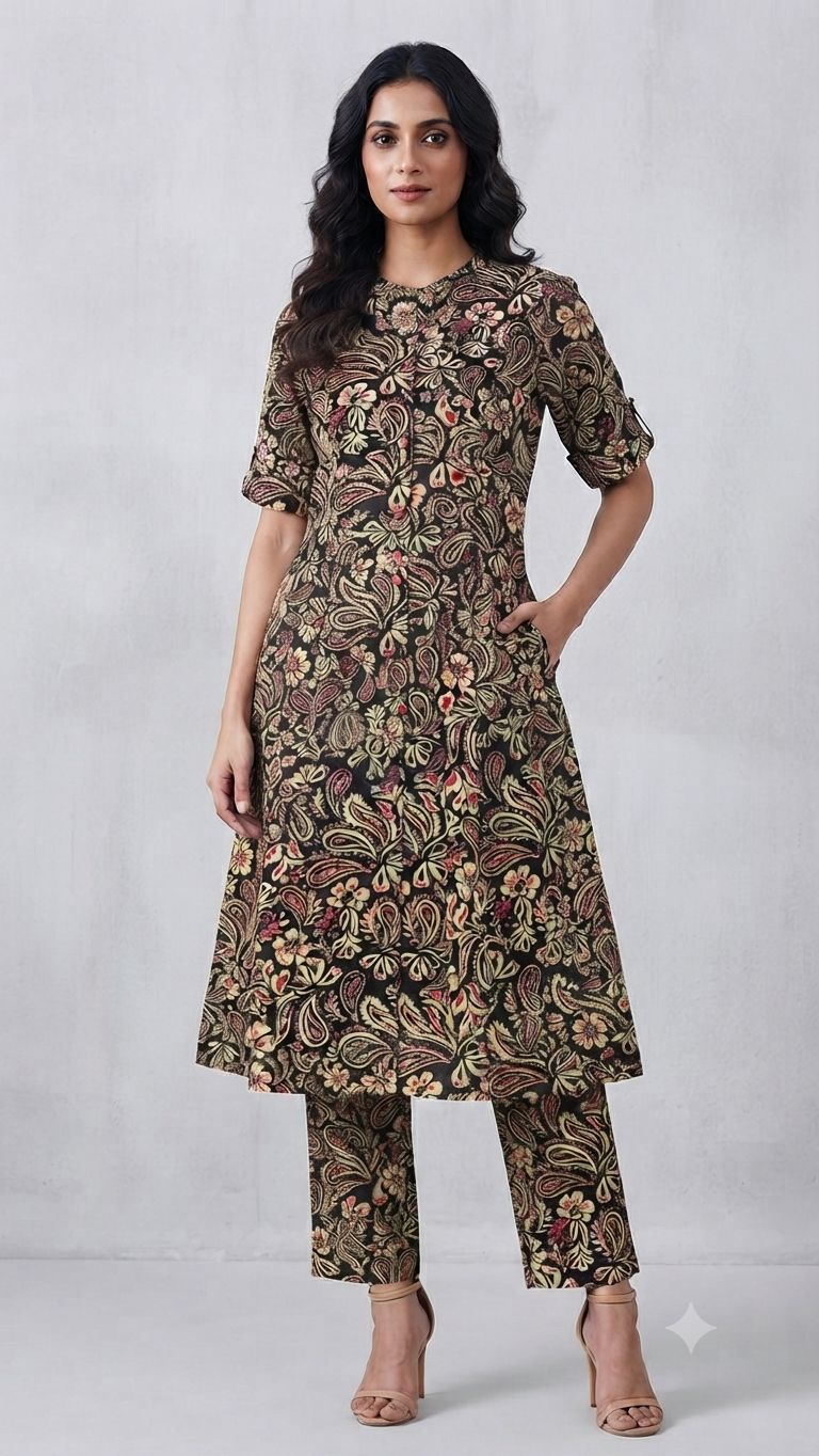 Women's Premium Forest Green Cotton Paisley Floral Print 2-Piece KurtiSet with Chinese Collar, Front Open Buttons, A-Line Princess Cut Top & Straight Pant