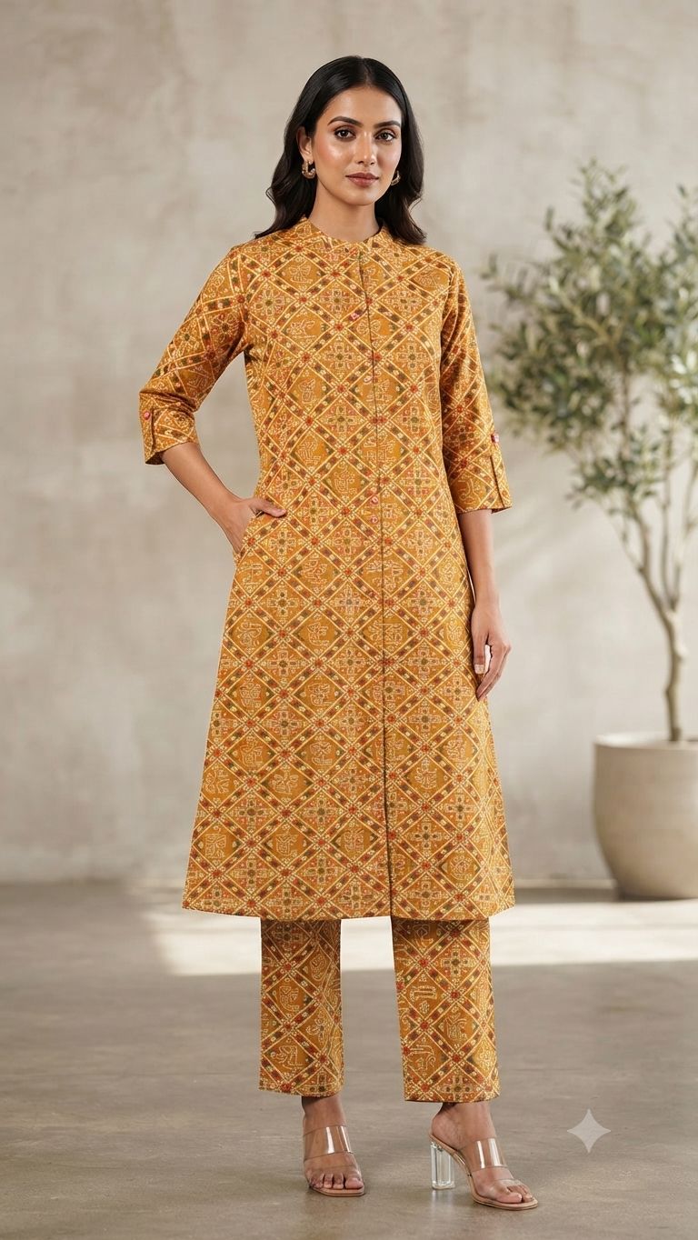 Women's Premium Mustard Brown Cotton Geometric Ethnic Print 2-Piece KurtiSet with Chinese Collar, Front Open Buttons, A-Line Princess Cut Top & Straight Pant