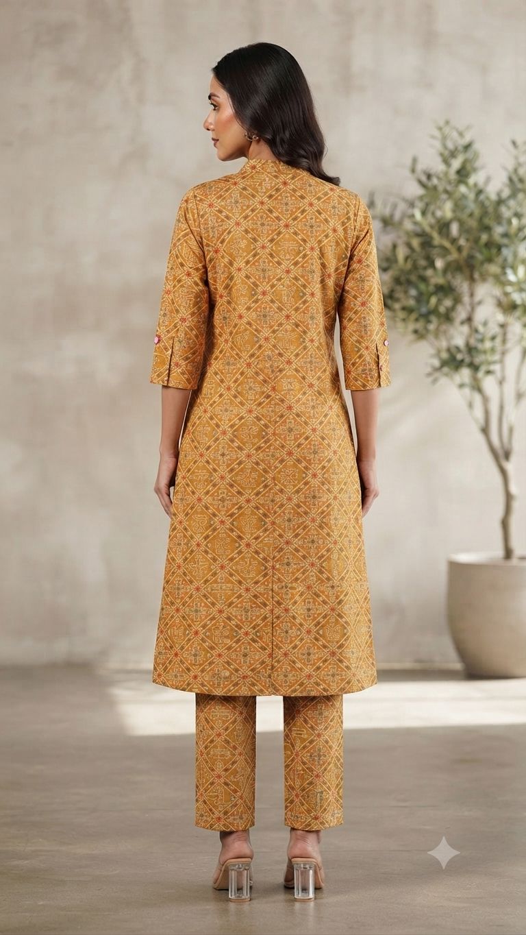 Women's Premium Mustard Brown Cotton Geometric Ethnic Print 2-Piece KurtiSet with Chinese Collar, Front Open Buttons, A-Line Princess Cut Top & Straight Pant