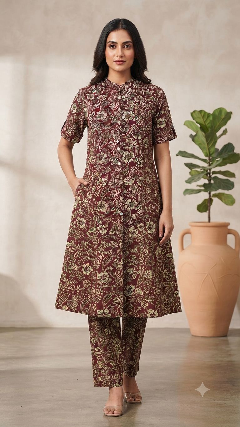 Women's Premium Wine red Cotton Floral Print Elastic Waist Night Suit with Side Slit Top & Straight Pant