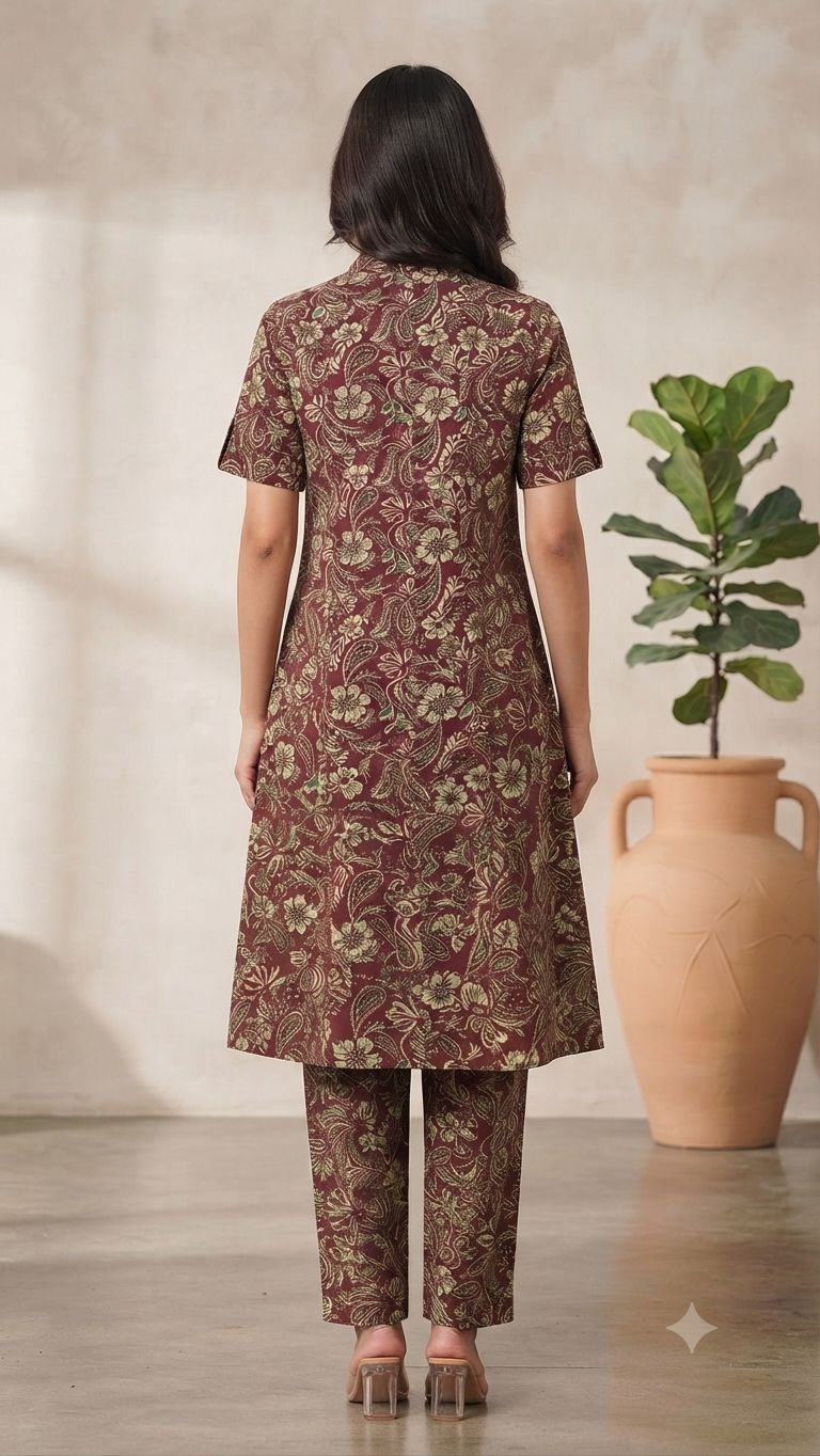 Women's Premium Wine red Cotton Floral Print Elastic Waist Night Suit with Side Slit Top & Straight Pant