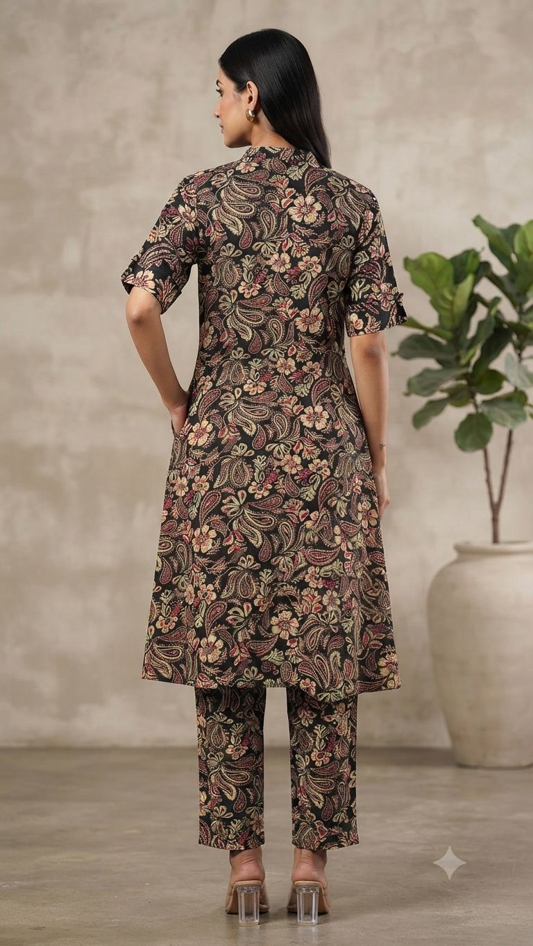 Women's Premium Navy Blue Cotton Paisley Floral Print 2-Piece KurtiSet with Chinese Collar, Front Open Buttons, A-Line Princess Cut Top & Straight Pant