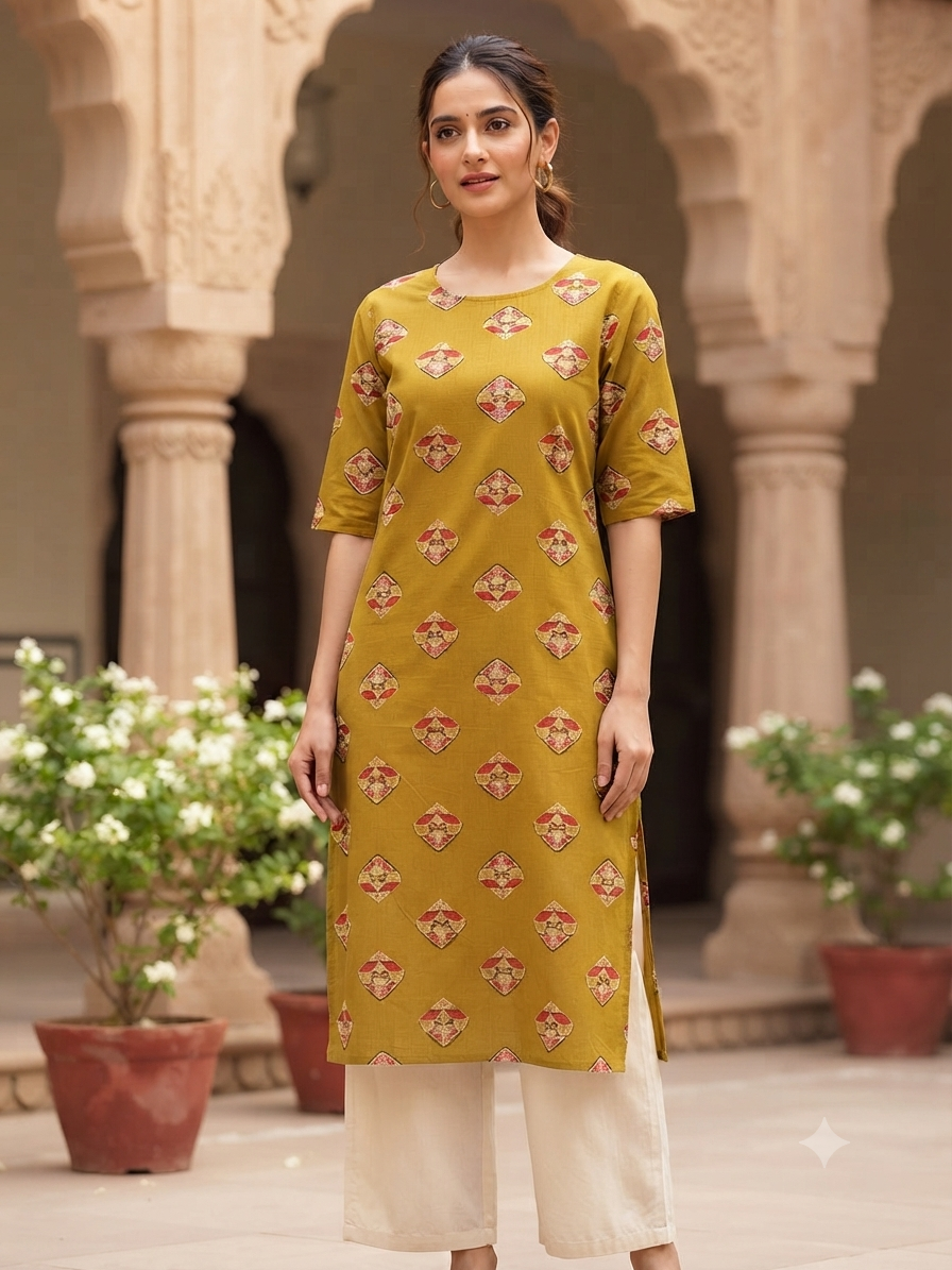 Women’s Mehendi Green Ethnic Motif Printed Cotton Straight-Cut Kurthi with Elbow Sleeves & Pocket