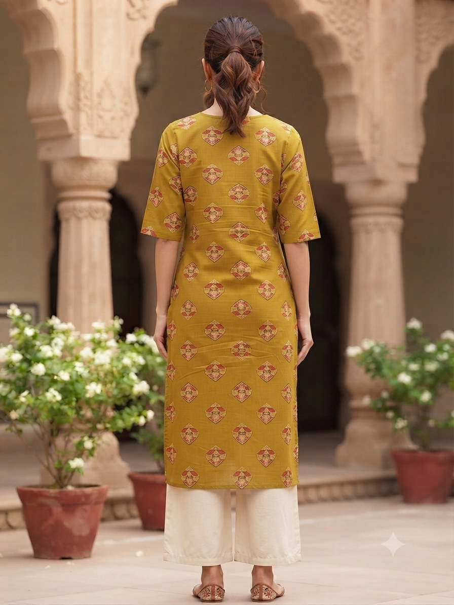 Women’s Mehendi Green Ethnic Motif Printed Cotton Straight-Cut Kurthi with Elbow Sleeves & Pocket