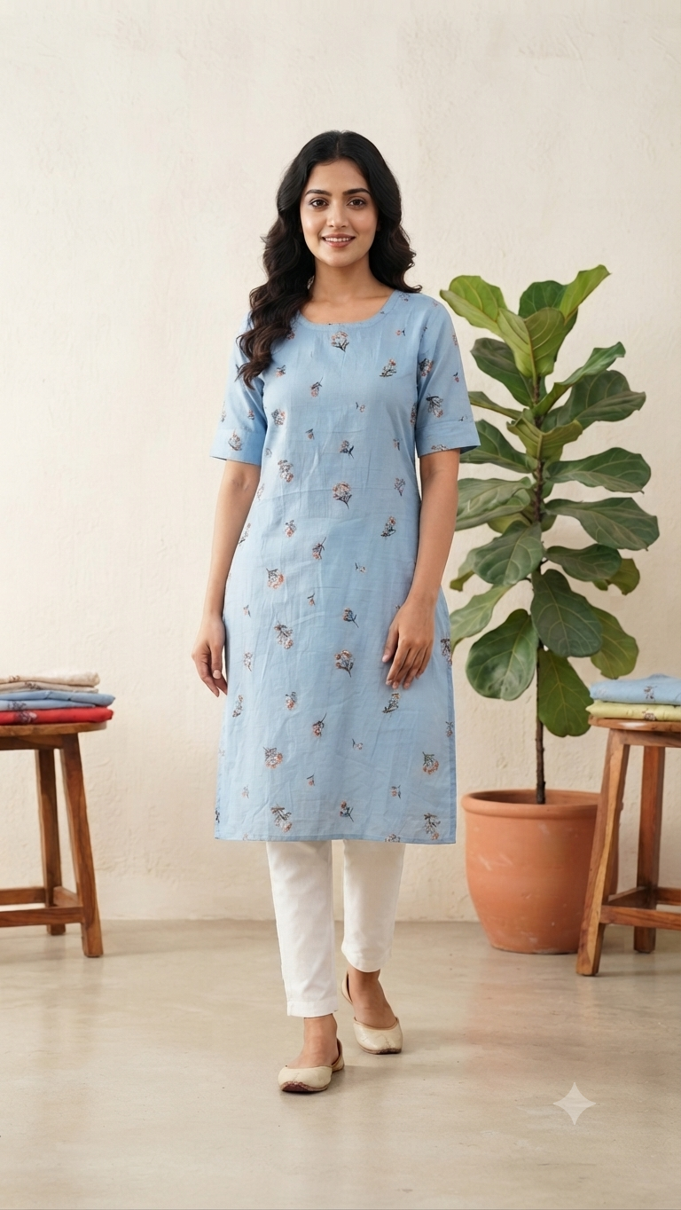 Women’s Dusty Sky Blue Floral Printed Rayon Straight-Cut Kurthi with Elbow Sleeves & Pocket