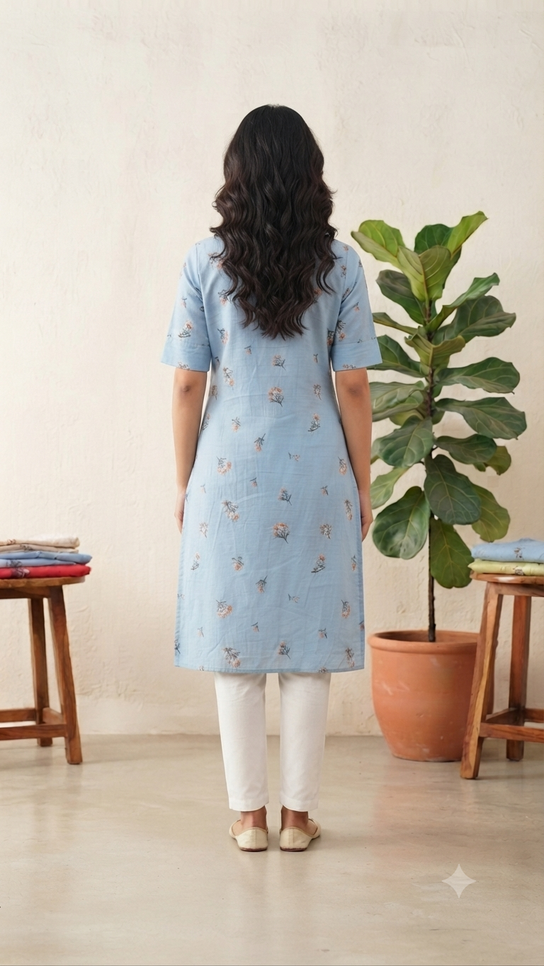 Women’s Dusty Sky Blue Floral Printed Rayon Straight-Cut Kurthi with Elbow Sleeves & Pocket