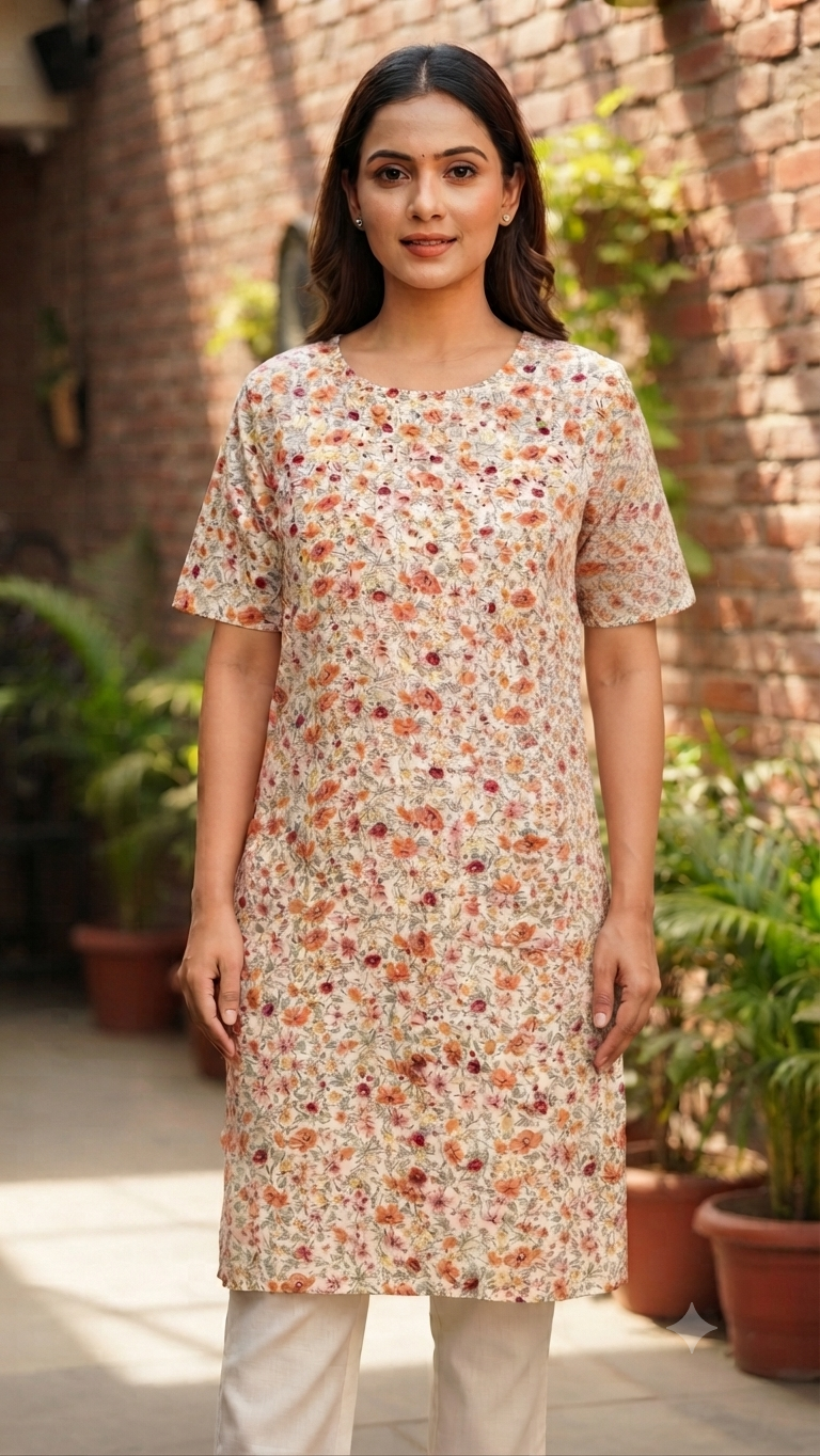 Womens Cream color  Floral Rayon Kurti - Orange and Magenta Small Flower Print, Round Neck, Elbow Sleeves, Straight Cut with Pocket
