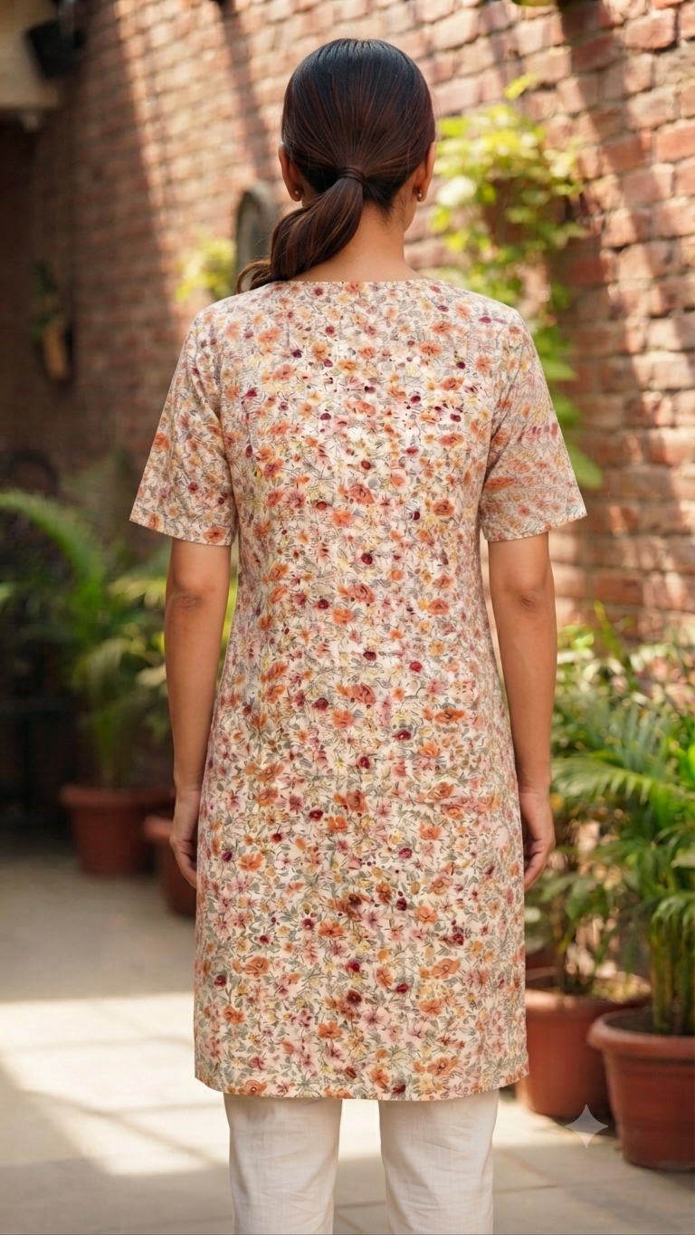 Womens Cream color  Floral Rayon Kurti - Orange and Magenta Small Flower Print, Round Neck, Elbow Sleeves, Straight Cut with Pocket
