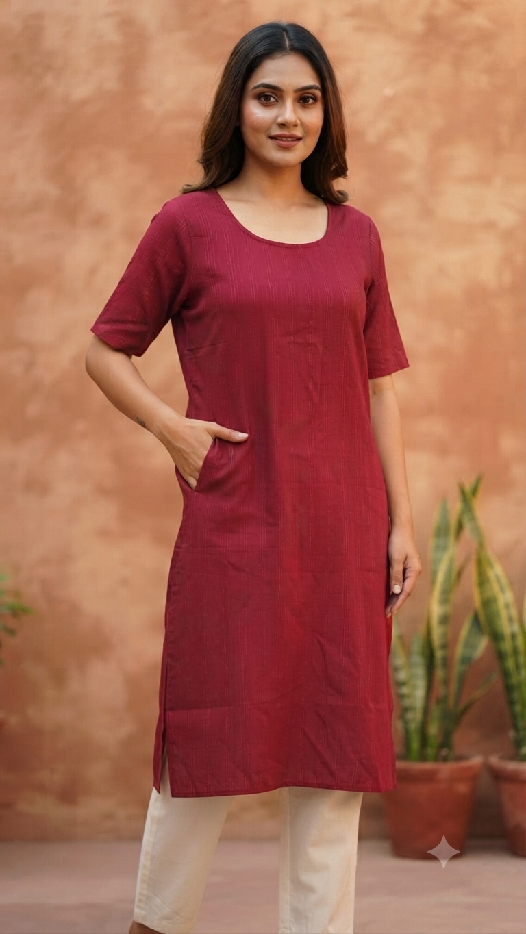 Womens Maroon color rayon Kurti - Golden Zari Lurex Stripes, Round Neck, Elbow Sleeves, Straight Cut with Pocket