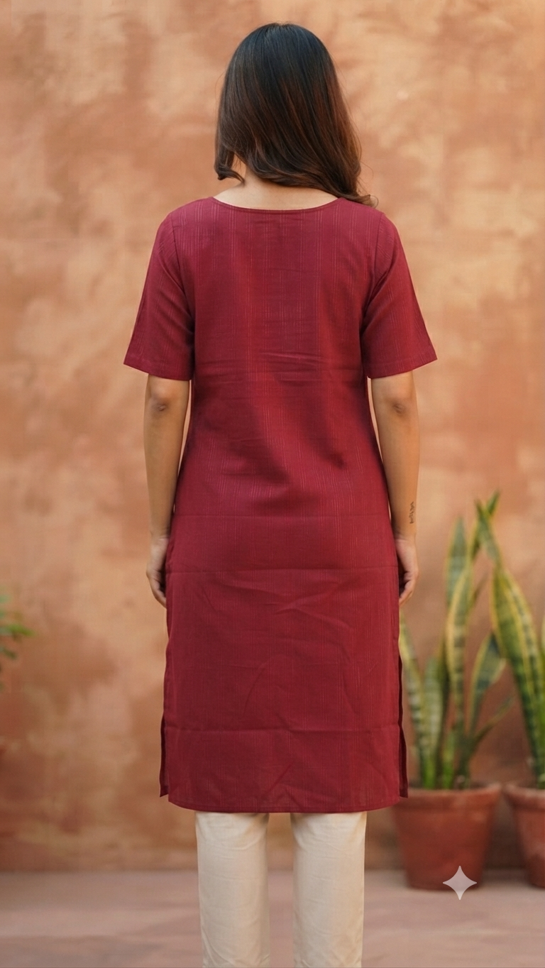 Womens Maroon color rayon Kurti - Golden Zari Lurex Stripes, Round Neck, Elbow Sleeves, Straight Cut with Pocket