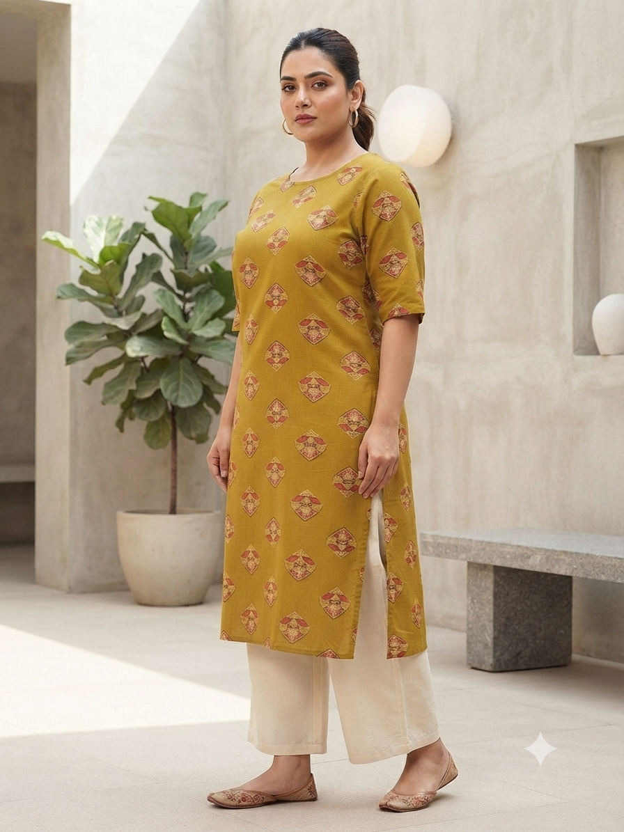 Women’s Mehendi Green Ethnic Motif Printed Cotton Straight-Cut Kurthi with Elbow Sleeves & Pocket